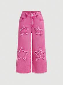 SHEIN MOD Women's Simple Daily Denim Jeans With Star Patch - Pink - View 1
