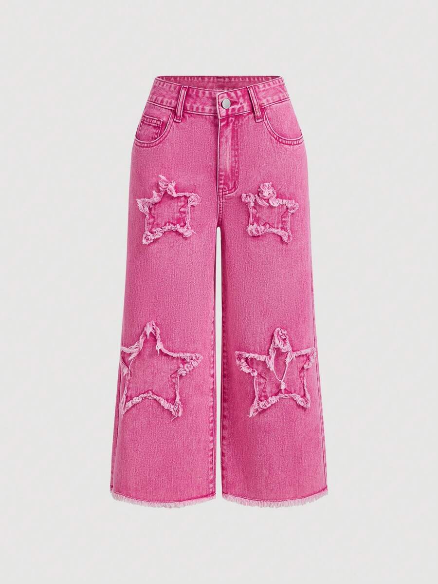 SHEIN MOD Women's Simple Daily Denim Jeans With Star Patch - Pink - View 1