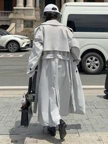 Muchica Women Simple Solid Gray Woven Belted Trench Coat - Grey - View 2