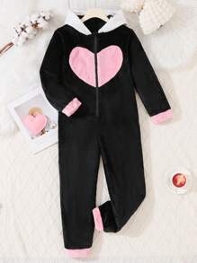 青少年女孩熊刺绣图案毛绒长袖长款连体衣休闲家居服 - 黑色 - 查看 2