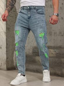 Manfinity LEGND Plus Size Men's Front Button Closure Multi-Pocket Distressed Denim Jeans, Casual Everyday Wear - Light Wash - View 1