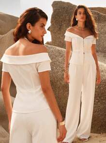 Anewsta Top im Vintage französischen Stil mit V-Ausschnitt, kurzem Off-Shoulder-Ärmel und schmalem Schnitt - Weiss - Übersicht 6
