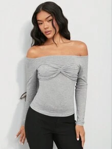 SHEIN BAE Gray Solid Color Women's Simple Daily Casual Outing, Back To School, Off Shoulder Off-Shoulder Long-Sleeved Tight T-Shirt,
Fitted T Shirt,Long Sleeves Woman,Work Women Tops
