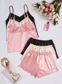 SilkySpell 6pcs Solid Color Ruffle Strap Short Pajama Shorts & Sleepwear Sets, Faux Silk - Multicolor - View 2