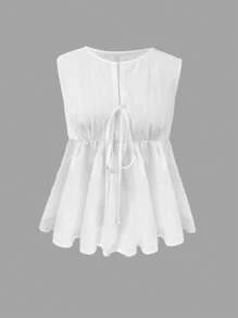 INAWLY Women Solid Color Casual Sleeveless Tie Front Shirt - White - View 3