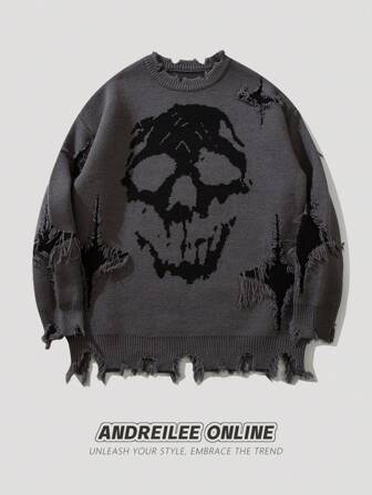 ANDREILEE Men Skull Graphic Distressed Fringes Crew Neck Casual Sweater, Emo, For Halloween, For Fall Winter, Long Sleeve Top