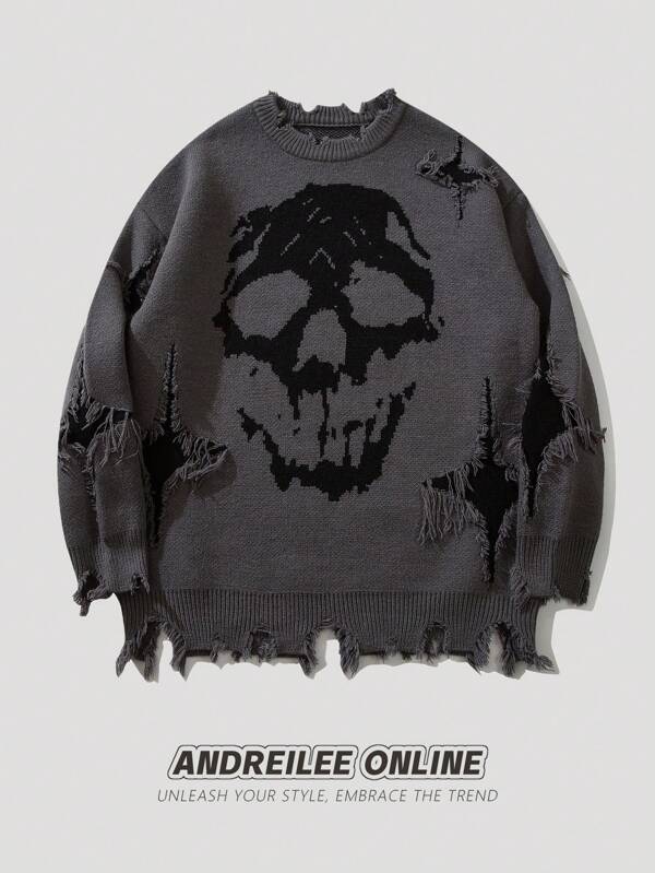 Suéter casual con cuello redondo para hombre con gráfico de calavera, desgarrado y con flecos de ANDREILEE