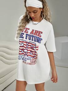 VARSITIE 女士圆领短袖字母印花休闲衬衫 - 白色 - 查看 4