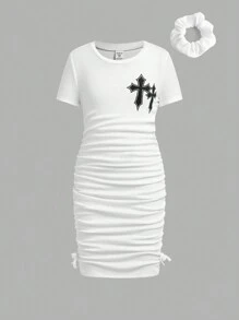 SHEIN Vestido corto de cuello redondo con mangas cortas fruncidas y estampado gráfico punk para niña preadolescente - Blanco - Ver 1