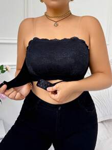 1pc Plus Size Black Lace Wireless Bandeau, Lingerie - Black - View 5