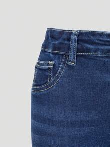 SHEIN Tween Girls Y2K Style Jeans, Girls' Dark Wash Blue Denim Pants With Sparkling Rhinestone Pocket Details, Fashionable & Stretchy Comfortable Skinny Flare Jeans - Dark Wash - View 7