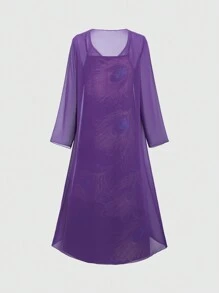 SHEIN LUNE 2 Stücke Set mit Kleid mit Spaghettiträgern und Allover Feder Muster und durchsichtigem langärmeligem Cardigan, lange Länge