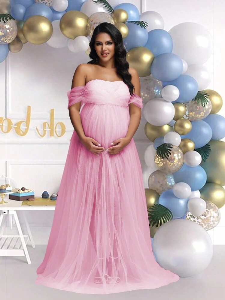 Spitzen- & Mesh-Stoff Umstandskleid, geeignet für Baby-Fotoshooting und Baby-Shower in Rosa - Pink - Übersicht 5