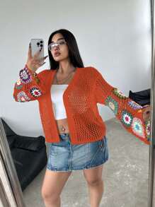 Flirla Cardigan aperto all uncinetto a fiori taglie comode per donne