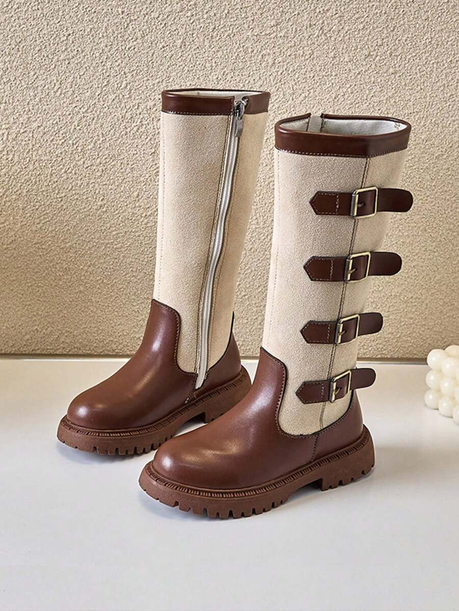 女童靴子冬秋季靴子新款真皮靴子儿童高筒靴 - 棕色 - 查看 1