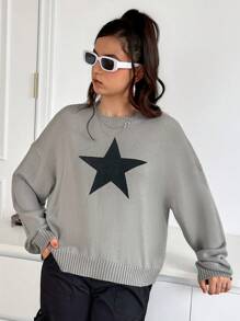 SHEIN Leap Crew 少女宽松圆领长袖纯灰色星形图案针织毛衣 - 灰色 - 查看 4