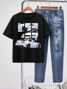 SHEIN Conjunto para adolescente de 2 piezas con estampado de coche informal, camiseta y pantalones vaqueros con agujeros desgastados, primavera/verano