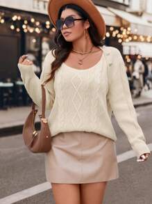 SHEIN LUNE Áo len chui đầu dây xoắn cổ chữ V tay dài rộng rãi cho nữ cỡ lớn màu be, áo nữ mùa thu - Màu be - Xem 5