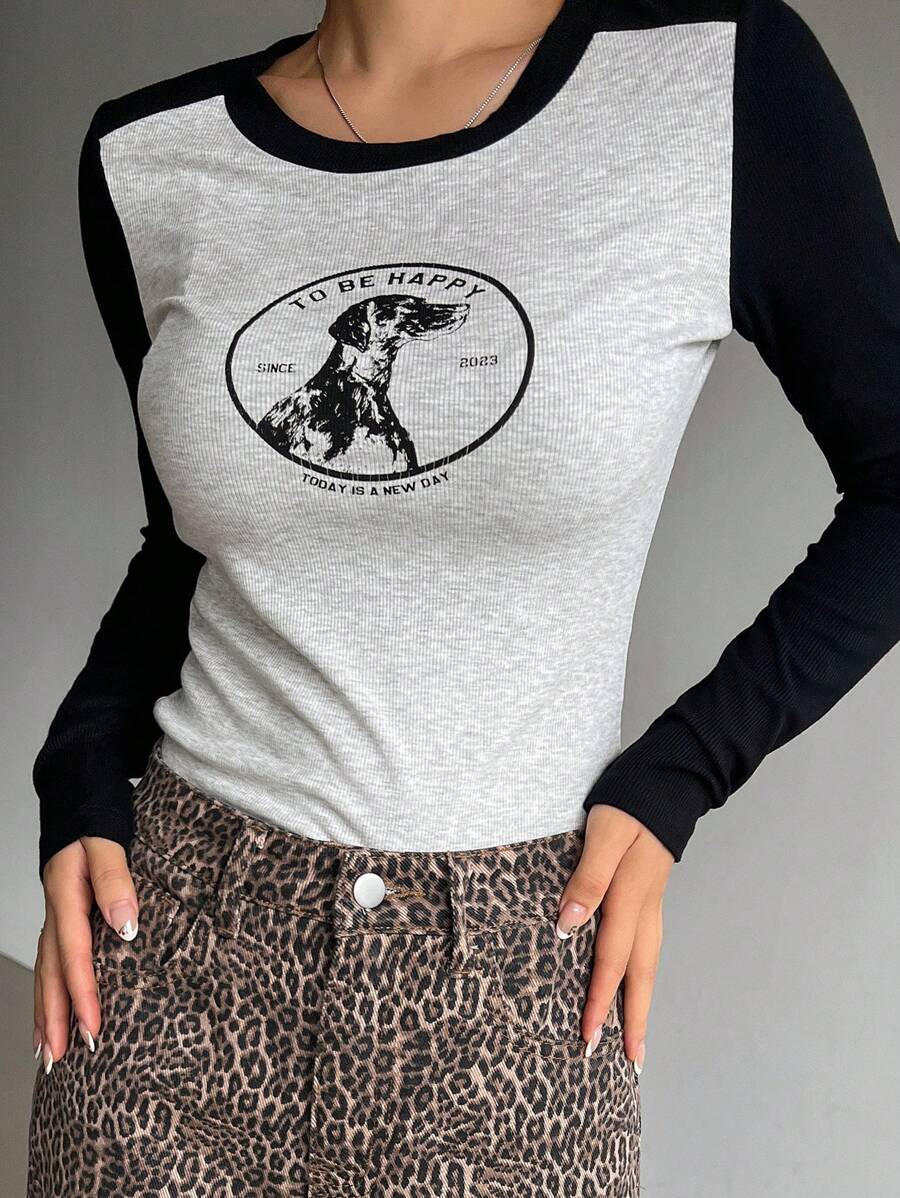 DAZY Women's Letter Print Color Block Long Sleeve T-Shirt,Fall Clothes Graphic Tee - Grey - View 1