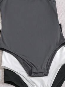 SHEIN 3 件套 Tween 女童纯色简约舒适休闲连体裤 - 深灰色 - 查看 4