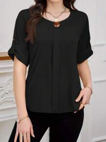 SHEIN Clasi 女士纯色圆领短袖金属纽扣装饰简约通勤黑色衬衫 - 黑色 - 查看 4