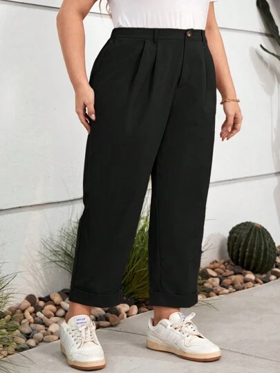 SHEIN CURVE+ Curve Plus Summer Women High Waist Plicated Detail Roll Hem Pants