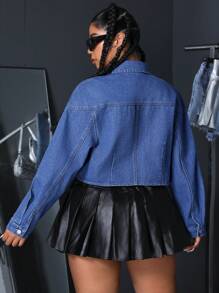 SHEIN ICON Áo khoác denim cỡ lớn đơn ngực mặc hàng ngày - Rửa trung bình - Xem 2
