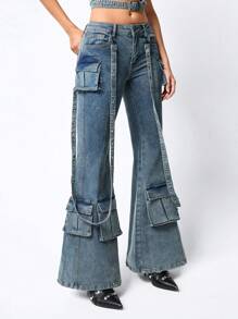 ROMWE Grunge Punk 低腰紧身工装口袋喇叭牛仔裤，学校 - 中等水洗藍 - 查看 6