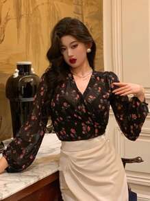 DAZY 女士全印花 V 领衬衫、长袖上衣、荷叶边、秋季女装