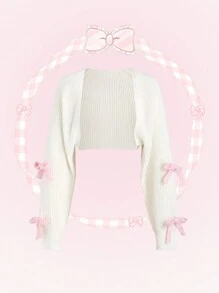 SHEIN Unity 女式可爱可爱白色长袖开衫配粉色蝴蝶结。，长袖上衣