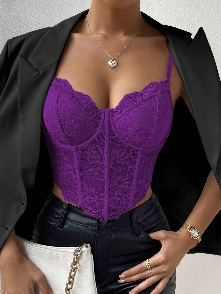 SHEIN Allurite 纯色吊带V领上衣，贝壳边设计，休闲装 - 紫色 - 查看 1