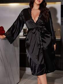 SilkySpell Plus Lace Trim Belted Satin Robe Luxeloungewear, Fall, Winter