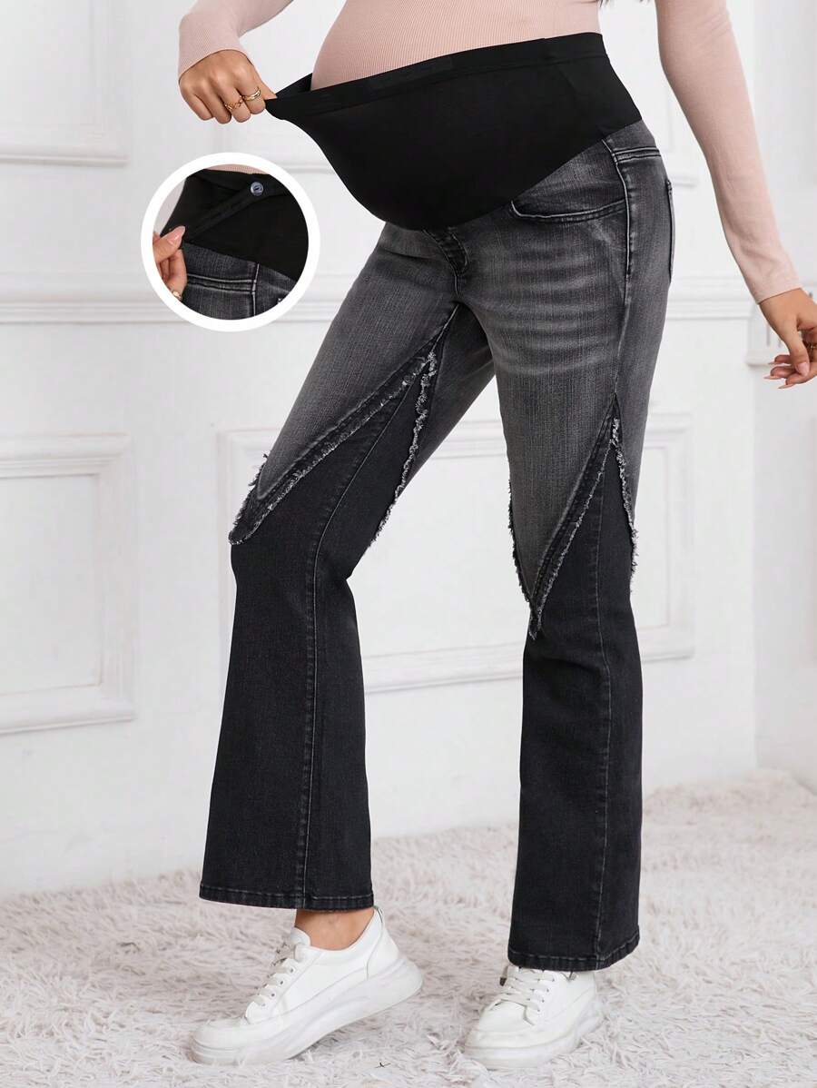SHEIN 孕妇纯色拼布多口袋磨边喇叭牛仔裤，日常休闲装