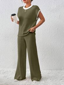 EMERY ROSE 2pcs Women Loose Knit Sweater & Drawstring Pants Coordinate Set - Army Green - View 6