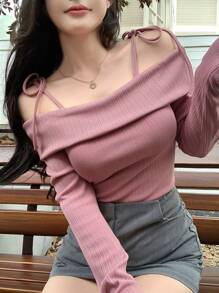 DAZY 女士露肩系带长袖休闲柔软T恤，秋季服装 - 粉色 - 查看 1