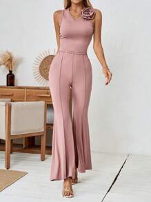 Calvaya Top elegante de mujer sin mangas con cuello en V, con adornos de flores 3D en unicolor, 2 piezas