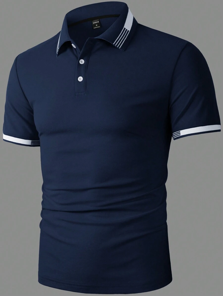 Manfinity Homme 男士夏季条纹短袖休闲通勤 Polo 衫 - 寶藍色 - 查看 1