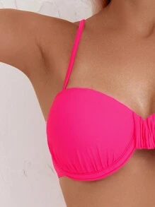 SHEIN Swim 女士简约纯色聚拢衬垫比基尼套装夏季海滩 - 玫紅色 - 查看 4