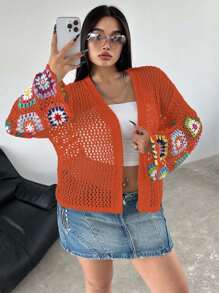 Flirla Cardigan aperto all uncinetto a fiori taglie comode per donne