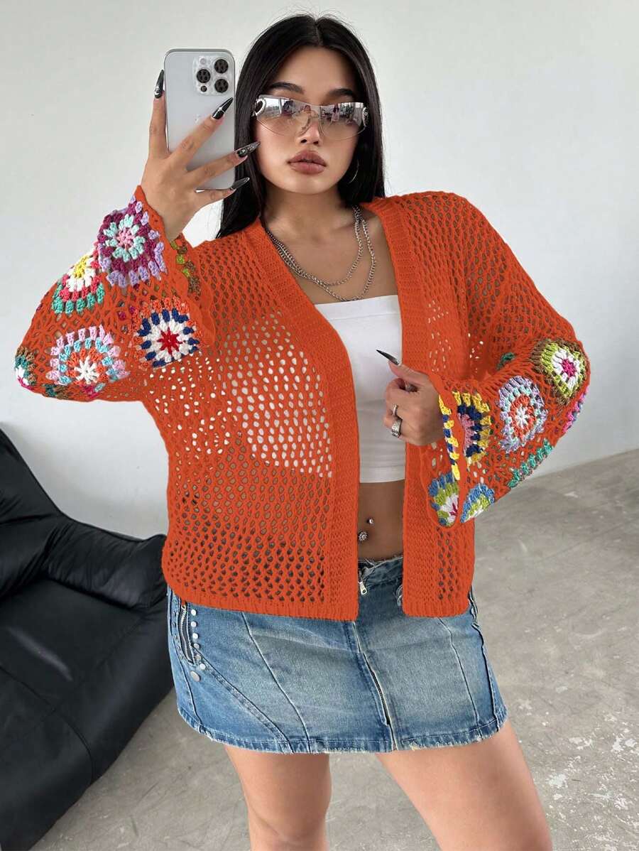 Flirla Cardigan aperto all uncinetto a fiori taglie comode per donne