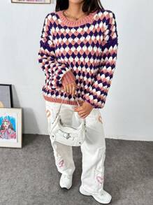 SHEIN X Angie Costa Chiquease Women's Round Neck Long Sleeve All-Over Print Casual Loose Sweater