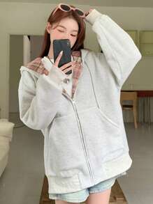 DAZY Women's Solid Color Zip Up Hooded Sweatshirt With Pockets, Casual Long Sleeve Drawstring Zipper Hoodie,Fall Clothes,Thermal Lined Jacket - Grey - View 7