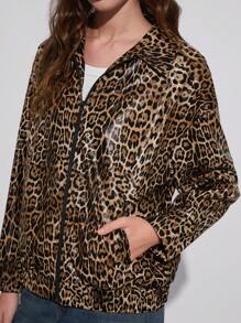 SHEIN EZwear Abrigo informal de PU con estampado de leopardo con hombros descubiertos y cierre de cremallera estilo años 90 - Multicolor - Ver 8