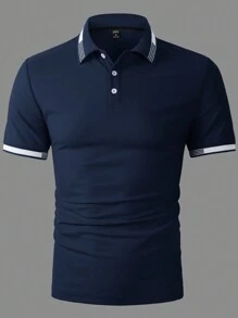 Manfinity Homme 男士夏季条纹短袖休闲通勤 Polo 衫 - 寶藍色 - 查看 5