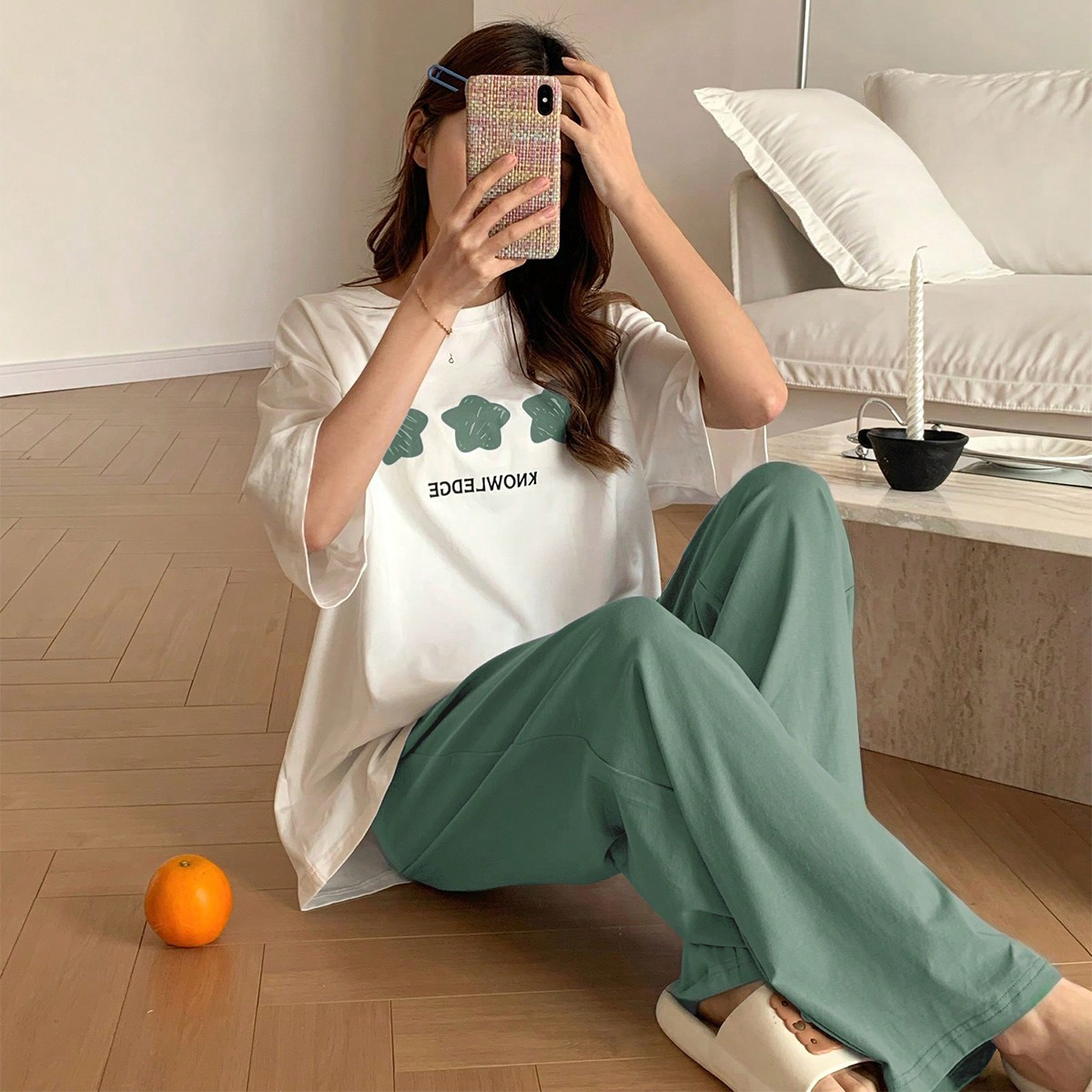 Conjunto de pijama de pantalón de unicolor y top de manga corta con estampado de estrella y letra