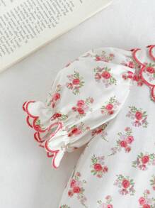 Cozy Pixies 2pcs Baby Girls Plant Floral Pattern Colorblock Ruffled Collar Puff Sleeve Button Front Top And Shorts Casual Outfit - Pink - View 3