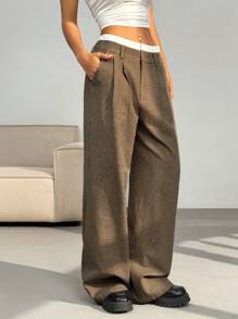 SHEIN EZwear Elegante schwarze & weiße karierte Hose mit Kontrastbund, weite gerade Passform, lässig, Herbst Winter