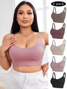 SHEIN 5 chiếc áo lót màu trơn không dây thoải mái dành cho nữ cỡ lớn - Nhiều màu - Xem 7
