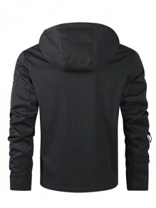 Manfinity Homme Men Work Going Out Hooded Black Sherpa Jacket, Outdoor Windbreaker For Friends, Husband, Boyfriend Gifts