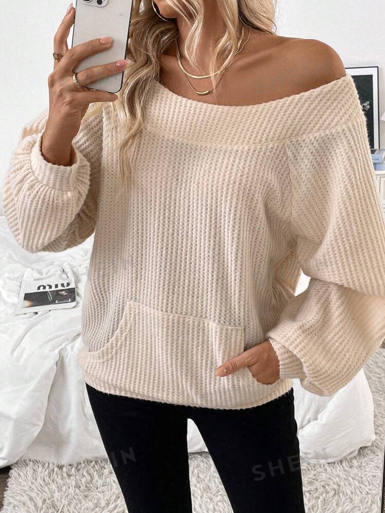 SHEIN Frenchy Slouchy Asymmetrical Neck Textured Fleece Pullover Sweatshirt SHEIN USA